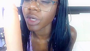 19yo black gal with sexy glasses fucking shaved pussy