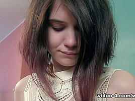 Aislynn enjoys her naked hairy body on her couch