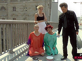 BDSM babe 3some anallydrilled and spanked by crowd in public