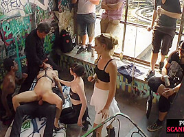 BDSM babe 3some anallydrilled and spanked by crowd in public