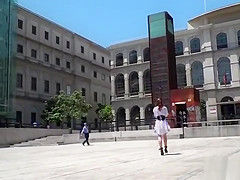 Babe walking dick on a stick in public