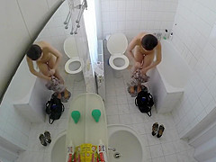 Beautiful housewife removes her clothes in order to wash her juicy holes