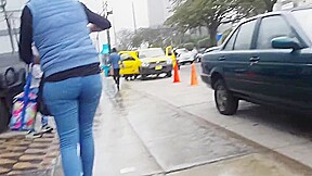 Beautiful lady ass in blue jean walking