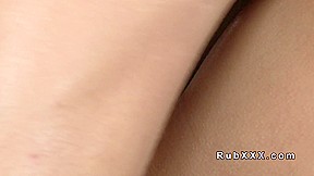 Beautiful oiled brunette babe rides masseur