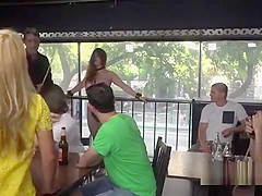 Big tits brunette fucked in public caffe