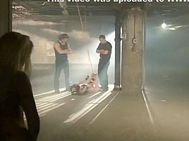 Bind Pretty Cute Brunette In Red Stockings Gets Her Holes Screwed In The Warehouse By Two Men