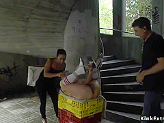 Blond Hair Lady Slave Naked Crawl In Public