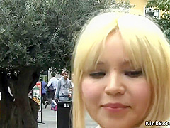 Blond Hair Lady Slave Naked Crawl In Public