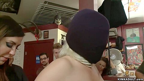 Blonde Is Tormented In Tattoo Shop