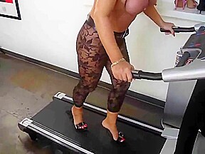 Blonde MILF topless walking in sexy mules