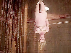 Blonde tormented in hogtie suspension