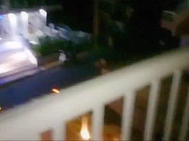 Blow and nylon footjob on hotel balcony