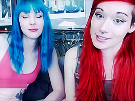 Blue Hair Emo Tranny Fucking her Lesbian Friend on Cam