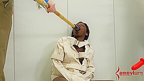 Bound ebony submissive hanging from ceiling