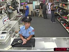 Brunette and busty Latina police woman gets pawned at the shop