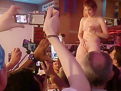 Brunette babe anal fucked at sex expo