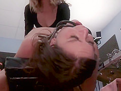 Brunette group tormented in music studio