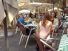 Brunette hottie licking mistress in public