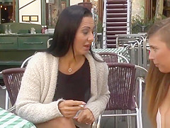 Brunette hottie licking mistress in public