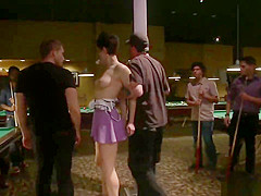 Brunette is gangbanged on pool table
