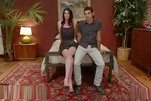 Brunette slim tranny ties up and fucks guy
