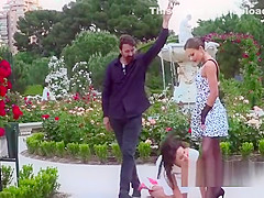 Brunette sub disgraced in public park