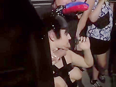 Busty babe group banged in crowded public bar