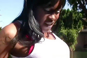 Busty black shemale cums after twerking