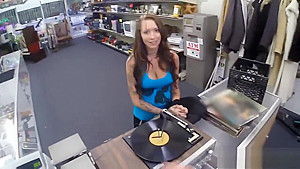 Busty tattooed woman sucks off and railed by pawn man
