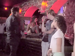 Butt plugged slave bangs in public