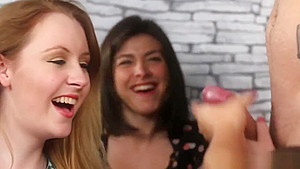 CFNM babes jerking off cock at a henparty