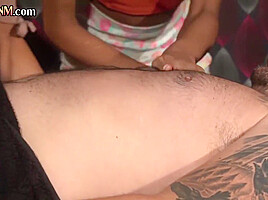 CFNM masseuse sucks cock in group oral with her gals