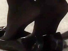 Candid Black Nylon Shoeplay Feet at Airport