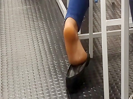 Candid blonde sexy legal age teenager 18+ feet play in classroom