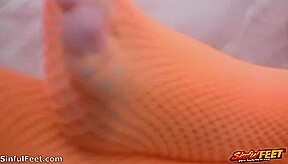 Chloe James Rubs One Out In Orange Fishnets