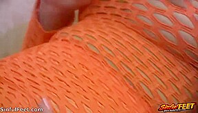 Chloe James Rubs One Out In Orange Fishnets