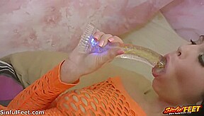 Chloe James Rubs One Out In Orange Fishnets