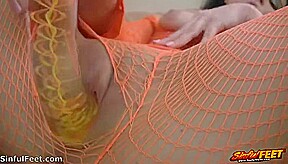 Chloe James Rubs One Out In Orange Fishnets