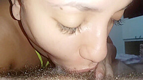 Close Up Naughty Woman Devouring A Hard Cock, Smearing The Cock With Her Spit