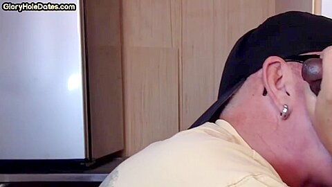 Cock starving gloryhole DILF sucks penis in homemade closeup