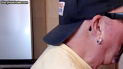 Cum greedy gloryhole DILF sucks cock in homemade closeup