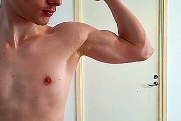 Cute Boy Showing Muscles And Having Fun With Cucumber! Cumshot