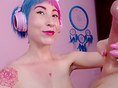 Cute Girl Jerks And Deepthroats Big Oily Cock