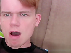 Cute homosexual guy masturbates and cums on himself solo