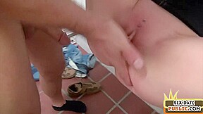 DP vaginal amateur slut in heels fucked in toilet 3some