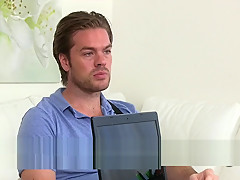 Dude licks and bangs female agent in her office