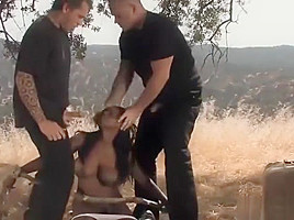 Ebony slave rough fucked by two guys