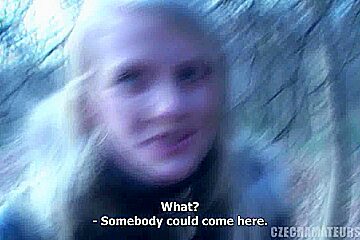 European naughty blonde with a big butt riding cock in woods