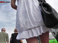 Excellent white summer suit upskirt