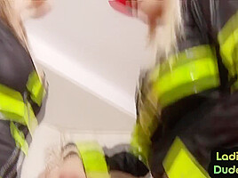 Firefighter CFNM femdom ladies fuck guy in 3way with strapon